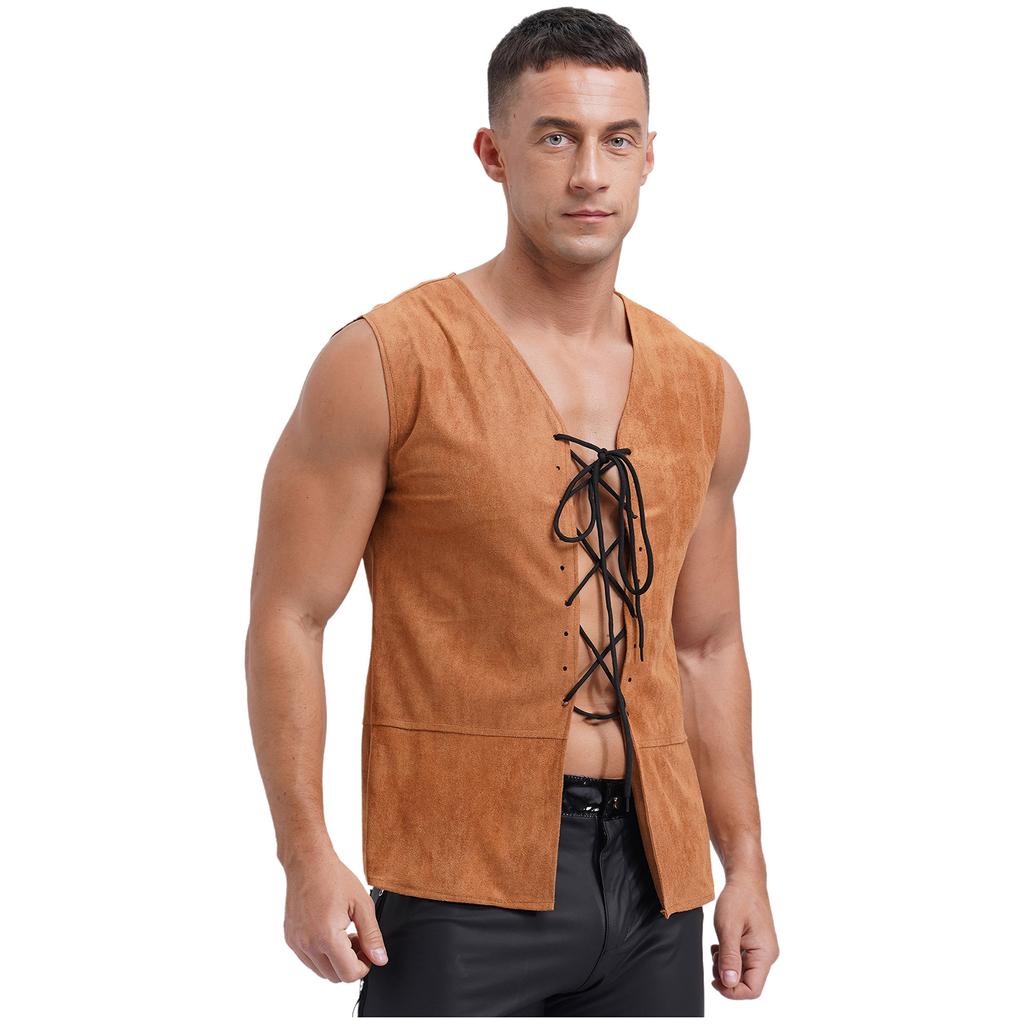 Mens Pirate Cowboy Vest Lace Up Front Solid Color Waistcoat Medieval Cosplay Halloween Costume