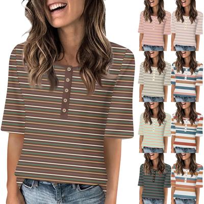 Рубашки для женщин, модные футболки с круглым вырезом и пуговицами, блузки с принтом, топы с коротким рукавом для женщин