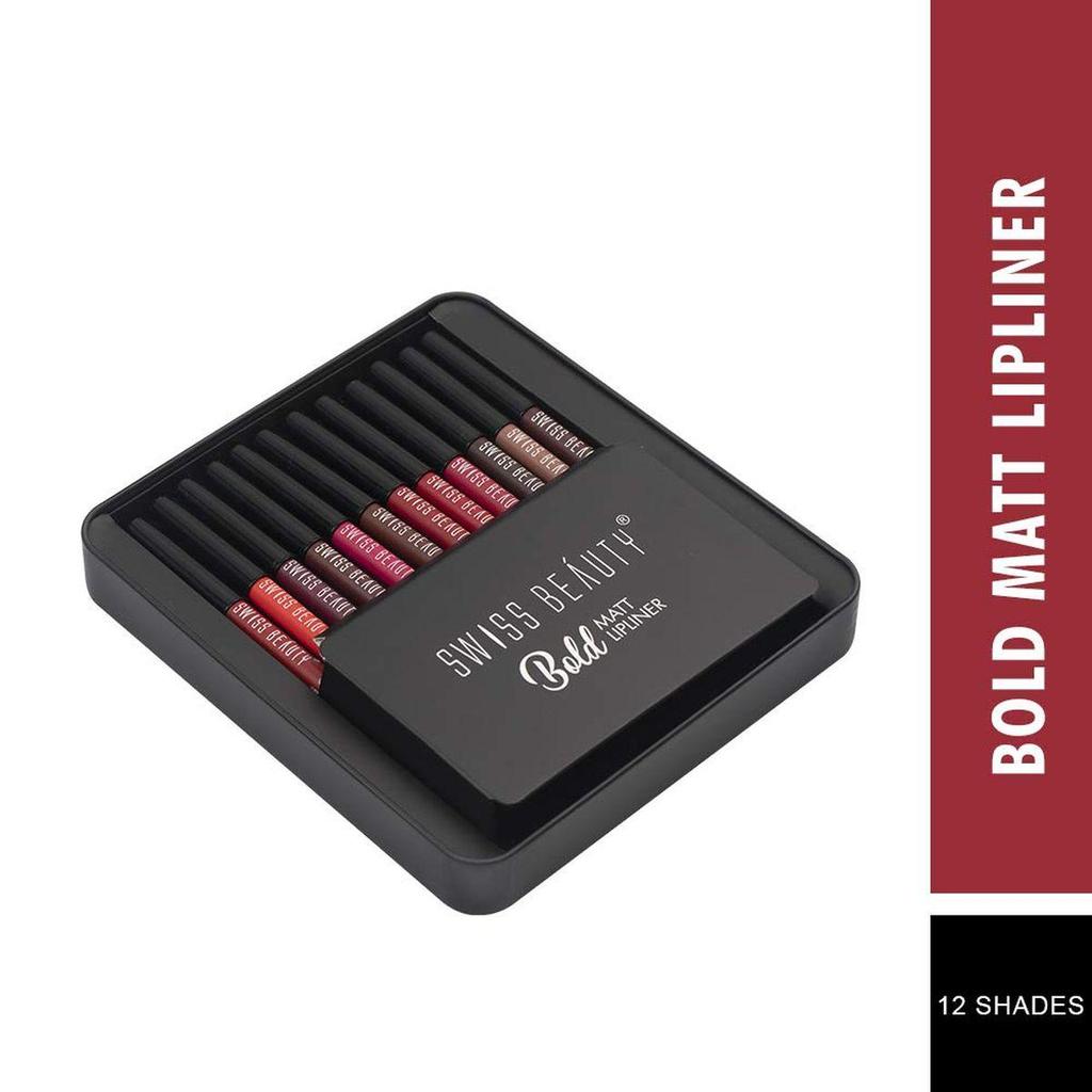 Swiss Beauty Eyebrow & Gel Eyeliner 2 in 1, Eye MakeUp, Black-01, 7g + Swiss Beauty Bold Matte Lipliner Pencil, 12 разноцветных, (1,8 г) Пакет из 12