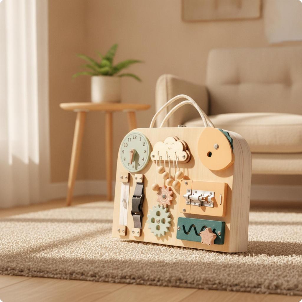 Portable Wooden Busy Board with Handle Compact Child-Led