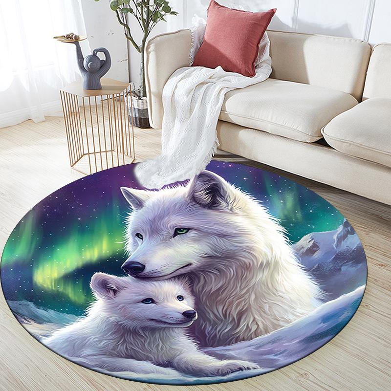 White Wolves Round Area Rug,Carpet Rug for Living Room Bedroom Sofa Playroom Decor,Non-slip Floor Mat