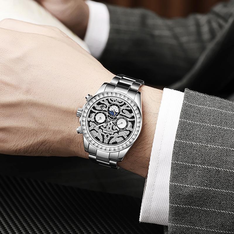 Dulunwe Мужские золотые роскошные часы с бриллиантами Tiger Texture Moon Phase механические автоматические часы ретро татуировка циферблат наручные часы из нержавеющей стали