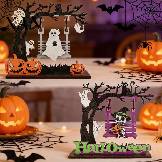 Multi-scene Halloween Decoration Wooden Table Decor, 3D Printed Skull Pumpkin Alphabet Atmosphere Letter Decoration, Creative Cartoon Wood Ornament