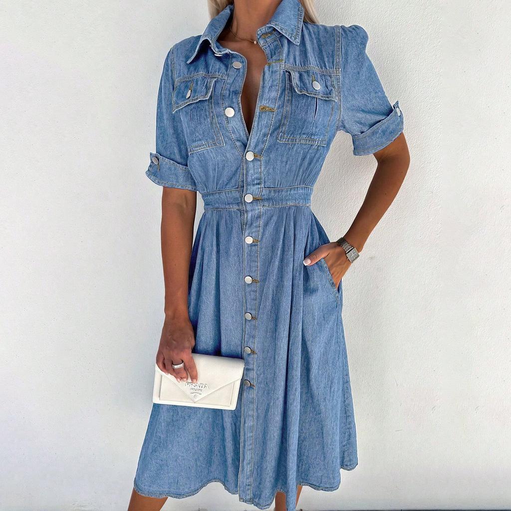 Ladies' Casual Denim Short Sleeved Single Breasted Dress