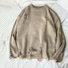 Men Sweater Solid Color Ripped O Neck Oversized Couple Sweater