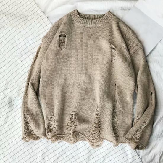 Men Sweater Solid Color Ripped O Neck Oversized Couple Sweater