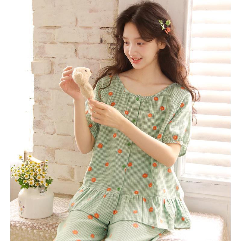 1011 New Summer Pajamas Women's Cotton Short Sleeve Pants Cardigan Loose and Sweet Loungewear 19