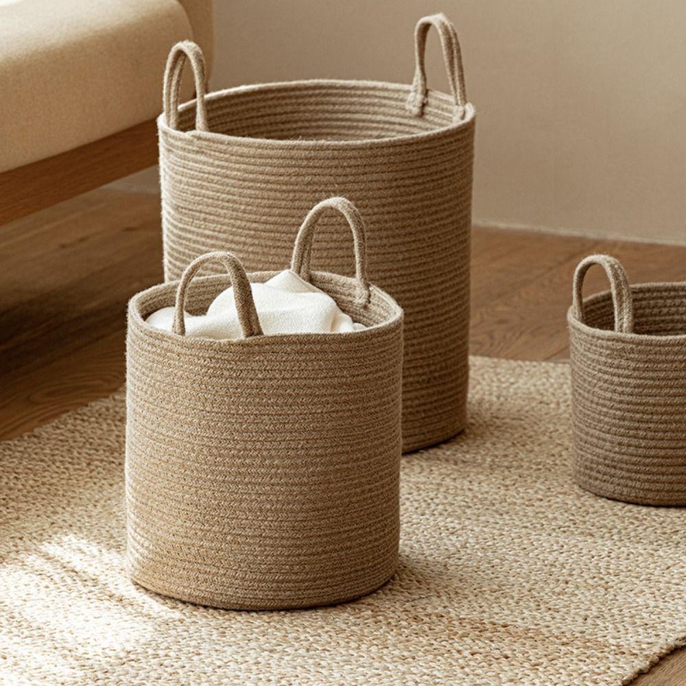 Cotton Linen Woven Dirty Laundry Basket Decorative Straw Wicker Rattan Storage Basket  Bathroom