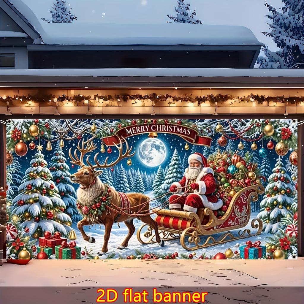 2D plane - 1-piece large Christmas garage backdrop fabric depicting a winter forest scene with snow featuring Santa ClausZL