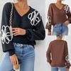 Women's Tops with Floral Ribbon Embroidery Irregular Embroidered V-neck Pullover Casual Sweaters