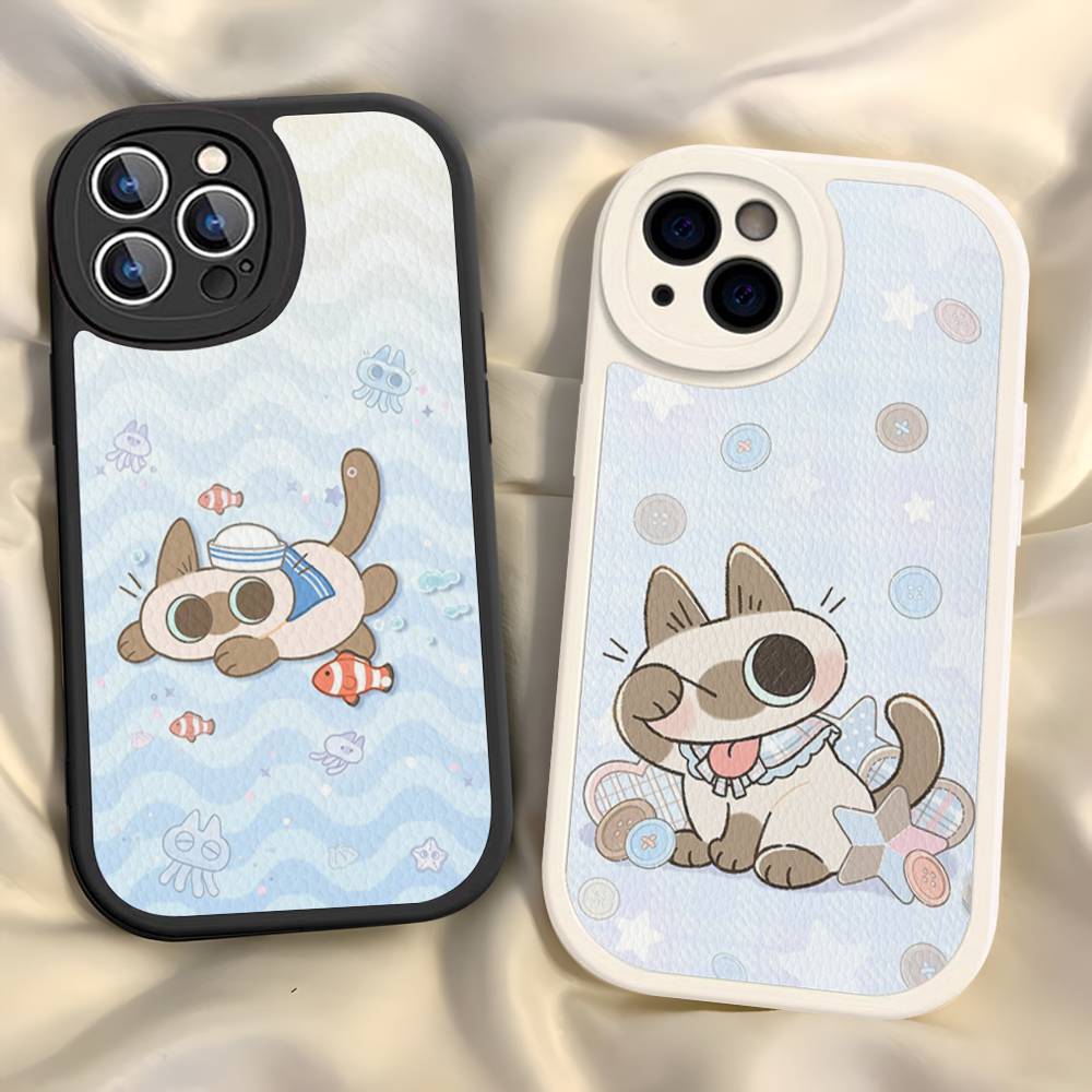 Cartoon Siamese Cat Couple Phone Case for iPhone 16 15 14 11 12 13 Pro Max Plus Back Leather Shell