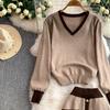 Autumn Winter Women Casual Knitted Sweater Two Piece Set V-neck Pullover Tops and Long Maxi Big Swing Skirt Suit