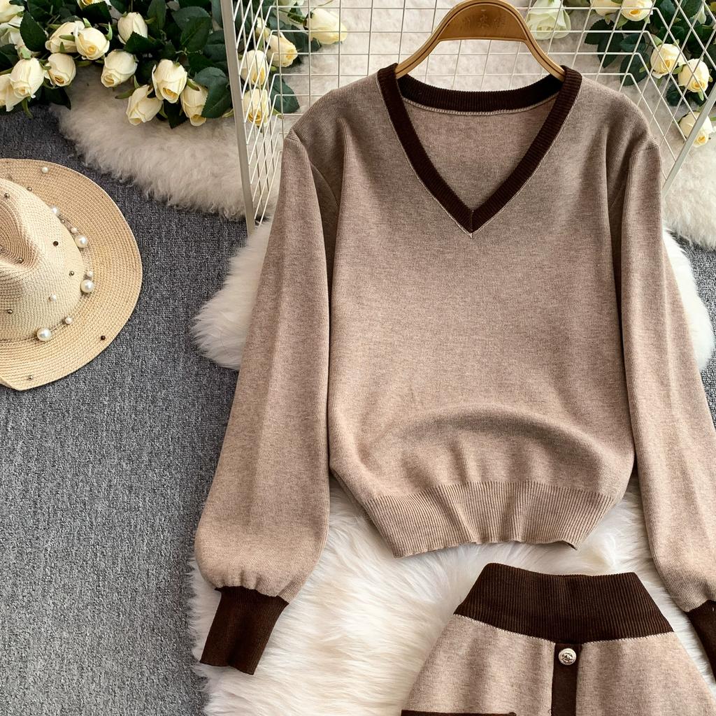 Autumn Winter Women Casual Knitted Sweater Two Piece Set V-neck Pullover Tops and Long Maxi Big Swing Skirt Suit