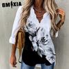 Summer Women's Temperament Wavy Collar Shirt Print Long Sleeve Women