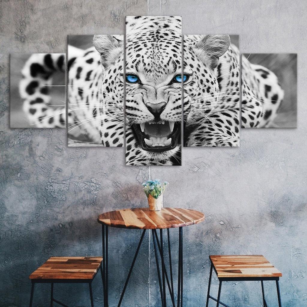 White Leopard Bright Blue Eyes 5 Piece Five Panel Wall Canvas Print Modern Art Poster Picture Home Decor Gift For Him For Her