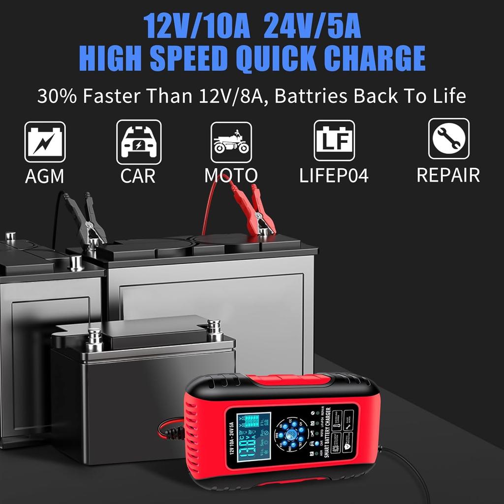 Зарядное устройство E-FAST, 10A, для автомобильных аккумуляторов Lifepo4 и свинцово-кислотных, Улучшенное автоматическое зарядное устройство 12/24В, Универсальный поддерживатель заряда аккумулятора, Для грузовиков