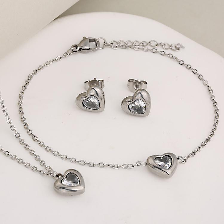 Minimalist Inlaid Zircon Love Heart Jewelry Set 3 In 1 Stainless Steel Silver Gold Women Dating Party Stackable Jewelry Kits