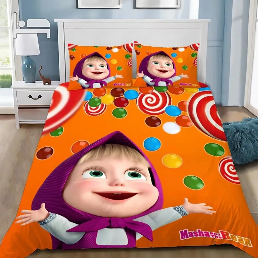Girl Masha Bedding Set Soft Comforter Cover With 1/2pcs Pillow Shams For Kids Adults Microfiber Cartoon Bear Quilt Cover