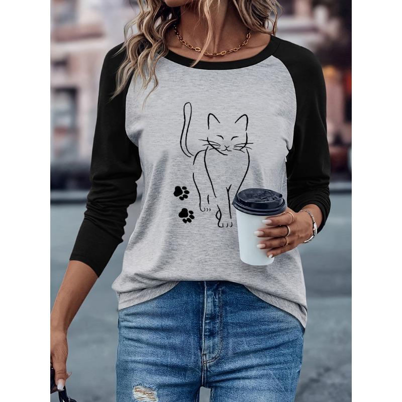 Kawaii Cat Paw Print Casual Long Sleeve T-shirt Cat Lover Shirt Winter Autumn Graphic Long Sleeved Comfortable T Shirt Woman