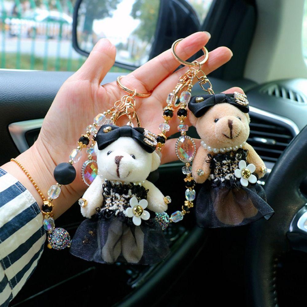 Crystal Bead String Stuffed Doll Pendant Lovely Car Key Ring Little Bear Keychain Female