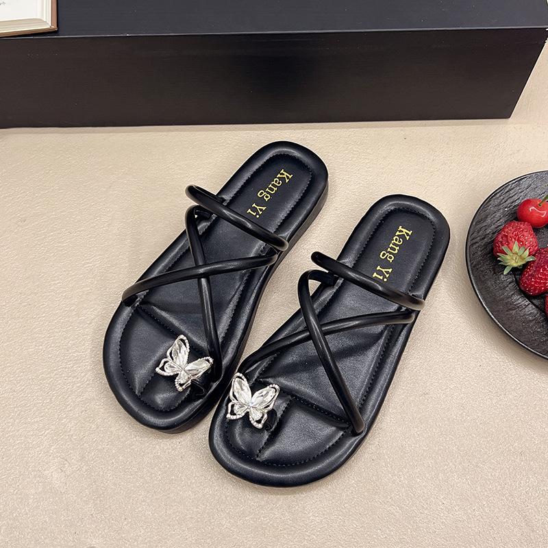 2025 Summer New Cool Slippers Outer Thick-soled Slippers Flat-bottomed French-style Beach One-word Set of Toe Rhinestone Cold Slippers