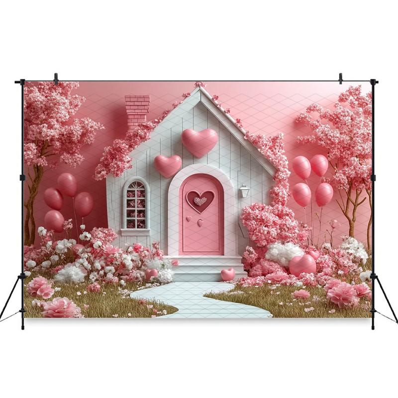 Mocsicka Valentine's Day Photo Backdrop Pink House Tree Balloons Flowers Wallpaper Decorations Wedding Backgrounds Studio Banner