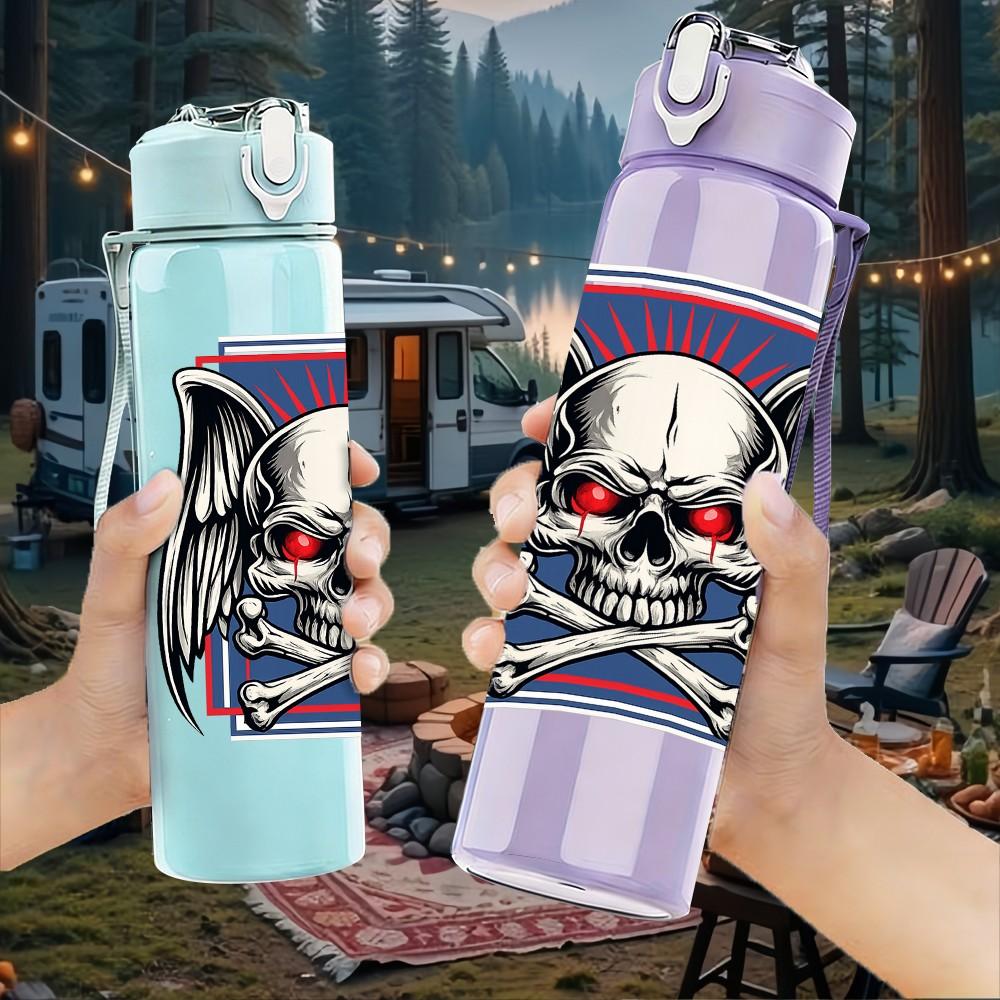 1PC Skull Mask Helmet Biker Theme Print 750ml Color Plastic Sports Water Bottle Leakproof Flip Straw Lid Suitable for Sports Office Home Use
