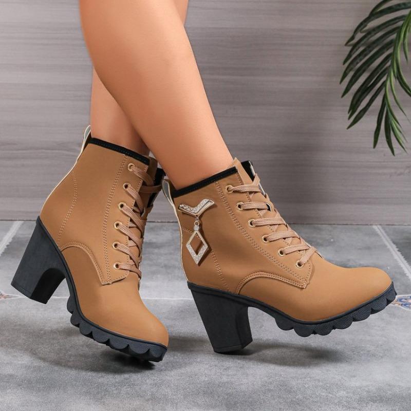 Fashion Fall New Block Heel Single Boots Women's Fashion Round Toe Metal Buckle Front Lace-Up Platform Non-Slip Short Boots