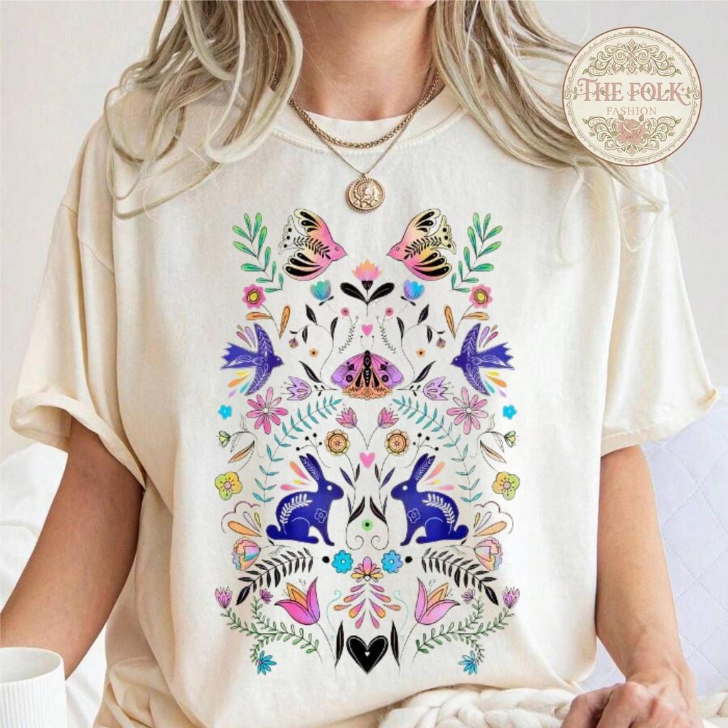 Maximalist Folk Art Rabbit Shirt, Aesthetic Bunny Moth Flower Tee, Colorful Symmetrical Botanical Tshirt, Comfort Colors Nature Lover Gift