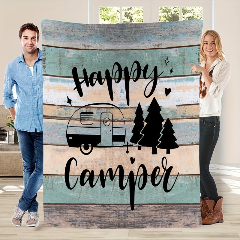 Cozy Flannel Throw Blanket Featuring a Happy Camper Design, Machine Washable, Crafted with Quilted Details, Digitally Printed, V