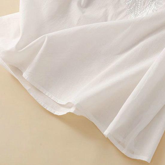 Женский топ с вышивкой и круглым вырезом Элегантный короткий рукав из хлопка и льна с винтажной вышивкой