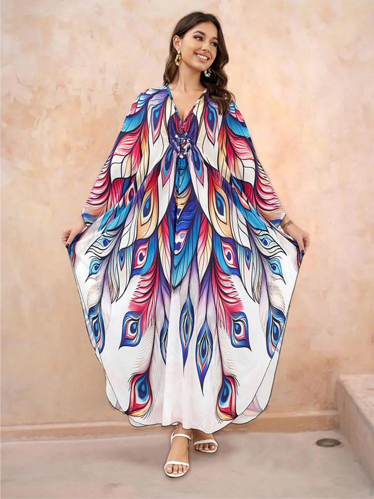 EDOLYNSA Плюс размер кафтан богемный зеленый павлин с принтом летнее длинное пляжное платье женская домашняя одежда наряд купальный костюм накидка свободный кафтан