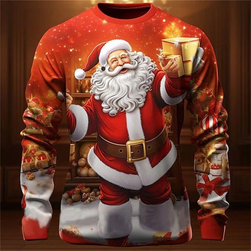 New Spring and Autumn Men's Fashion Interesting New Year Santa 3D Printed Long Sleeve Round Neck Plus Size Loose Breathable Top