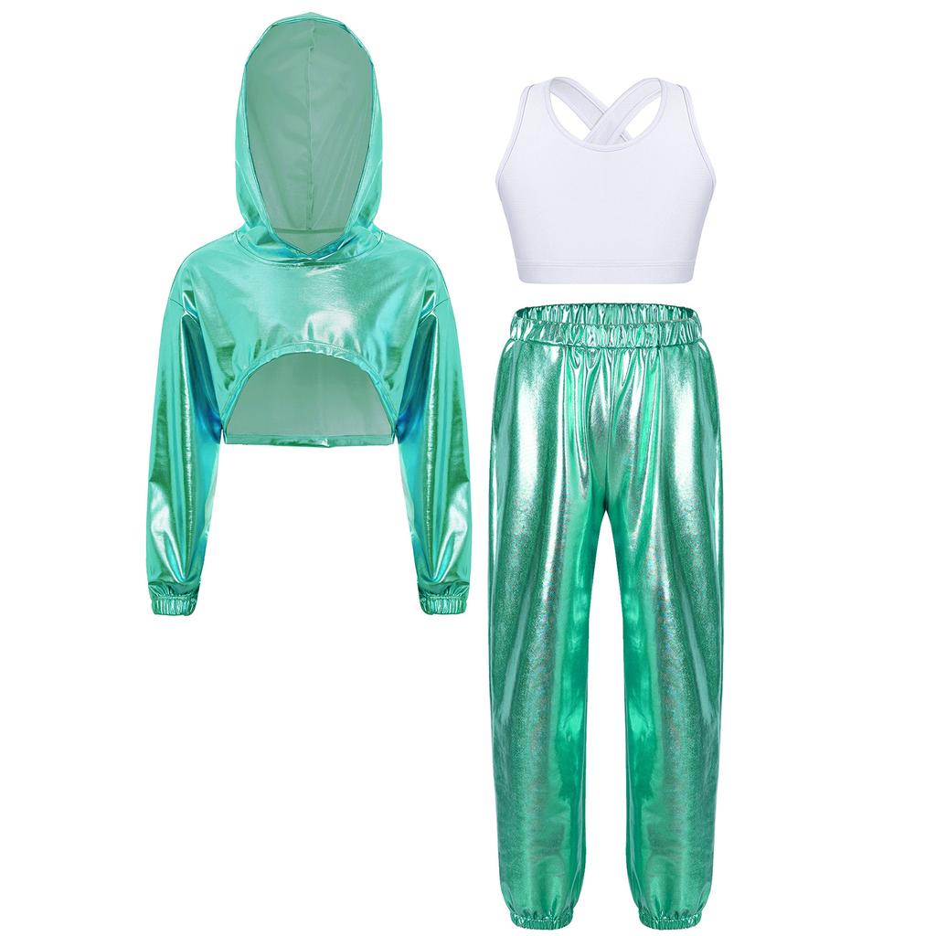 Girls Hip Hop Jazz Dance Costume 3 Piece Set Metallic Cropped Hoodie Sleeveless Keyhole Back Vest Pants