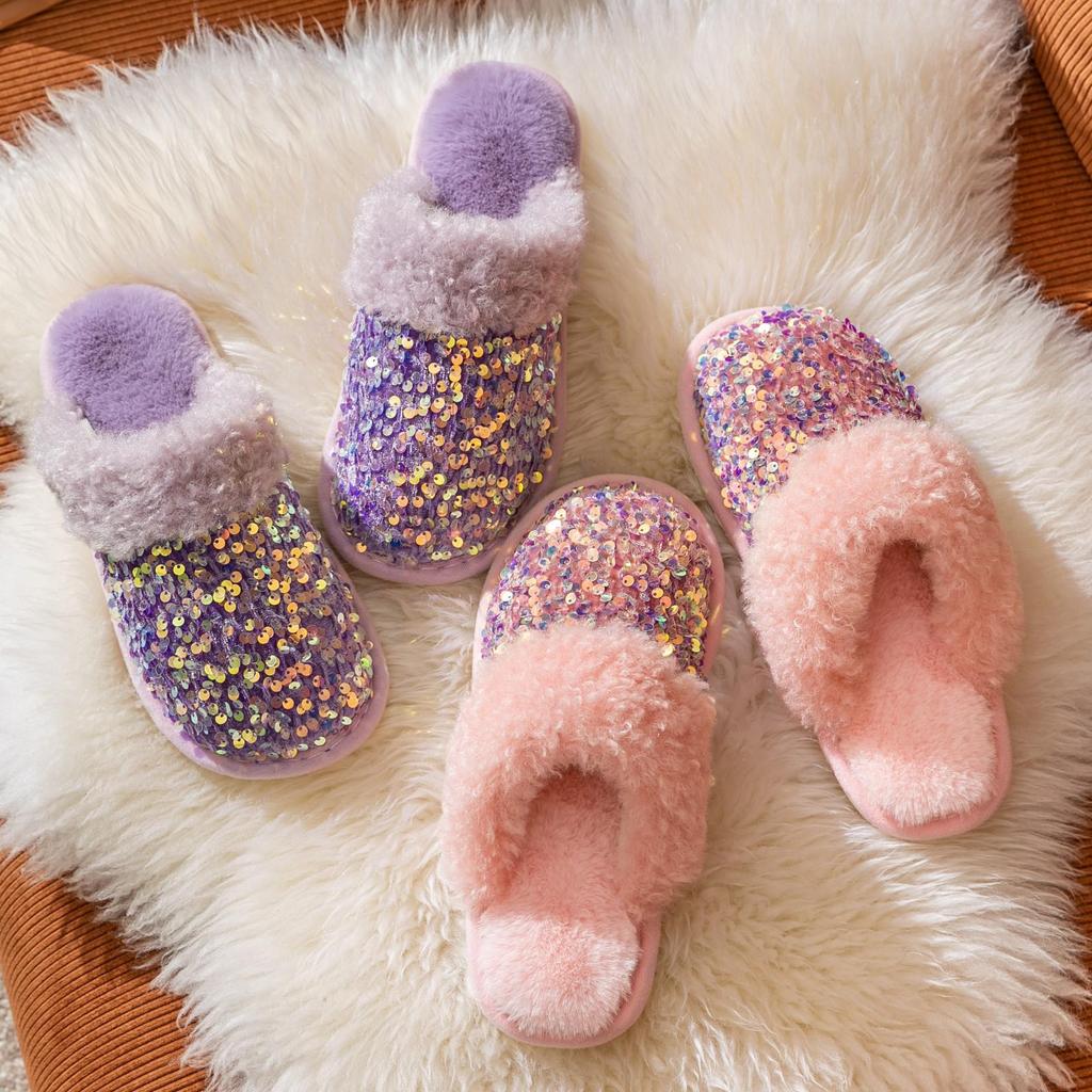 Fashion Cotton Slippers Women's Home Indoor Plush Slippers Women's Sequin Plush Slippers for Girl