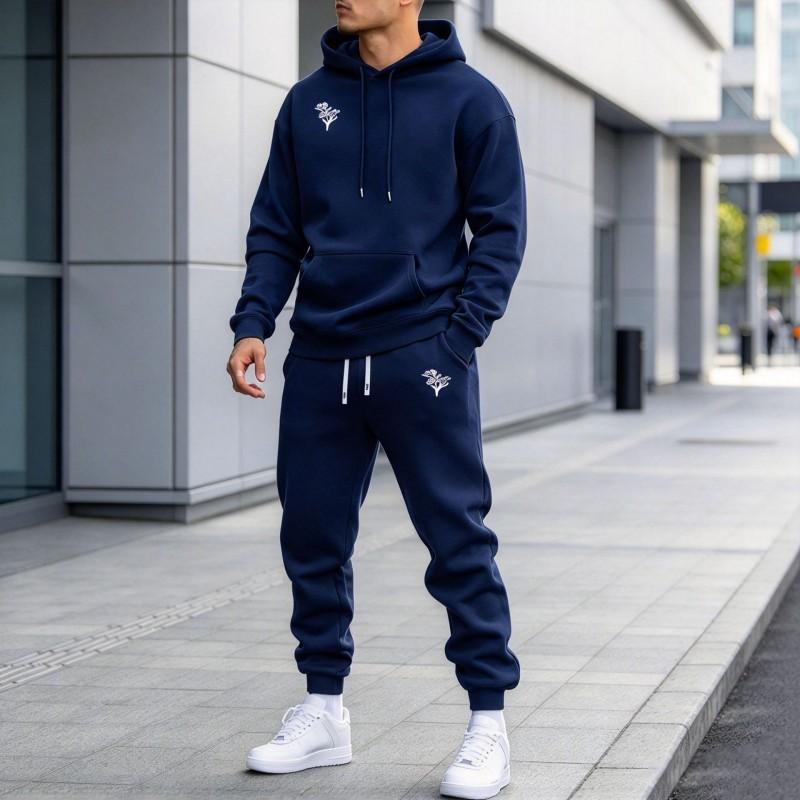 Mens Hoodie - Set Rose Floral Print Loose Casual Sport Two Piece
