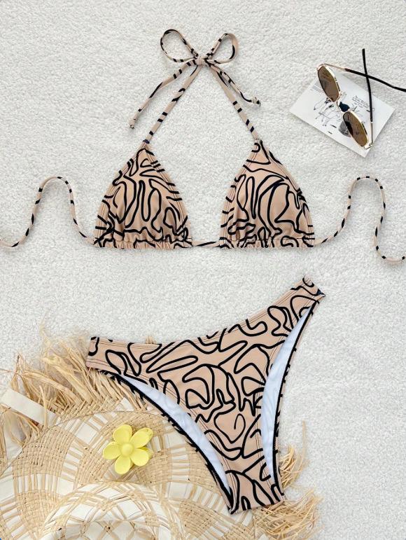 Exclusive for sexy high-split neck triangular cup split swimsuit contrasting corrugated printed bikini swimsuit