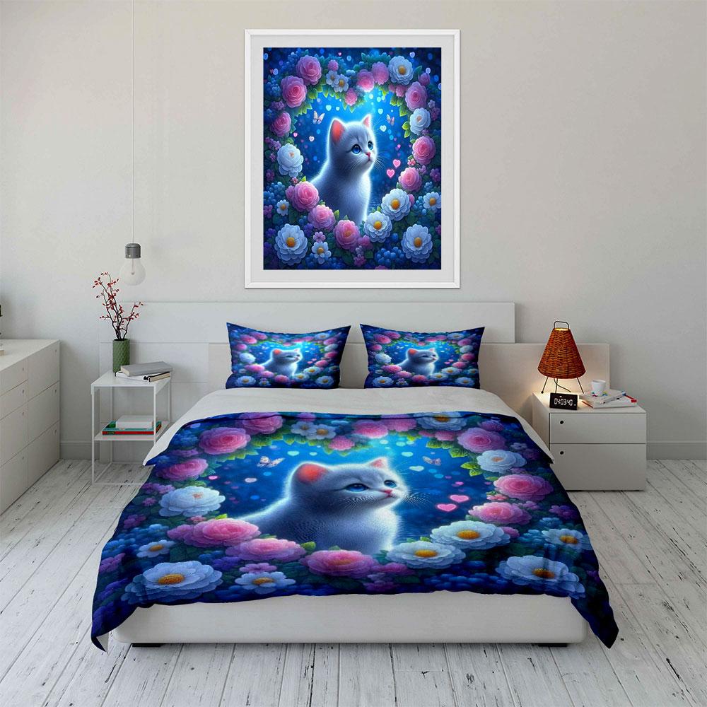 Cat surrounded by flowers. Bedding sets Duvet cover sets Duvet covers Pillowcases(1 * Duvet Cover 2 * Pillowcases without duvet insert)