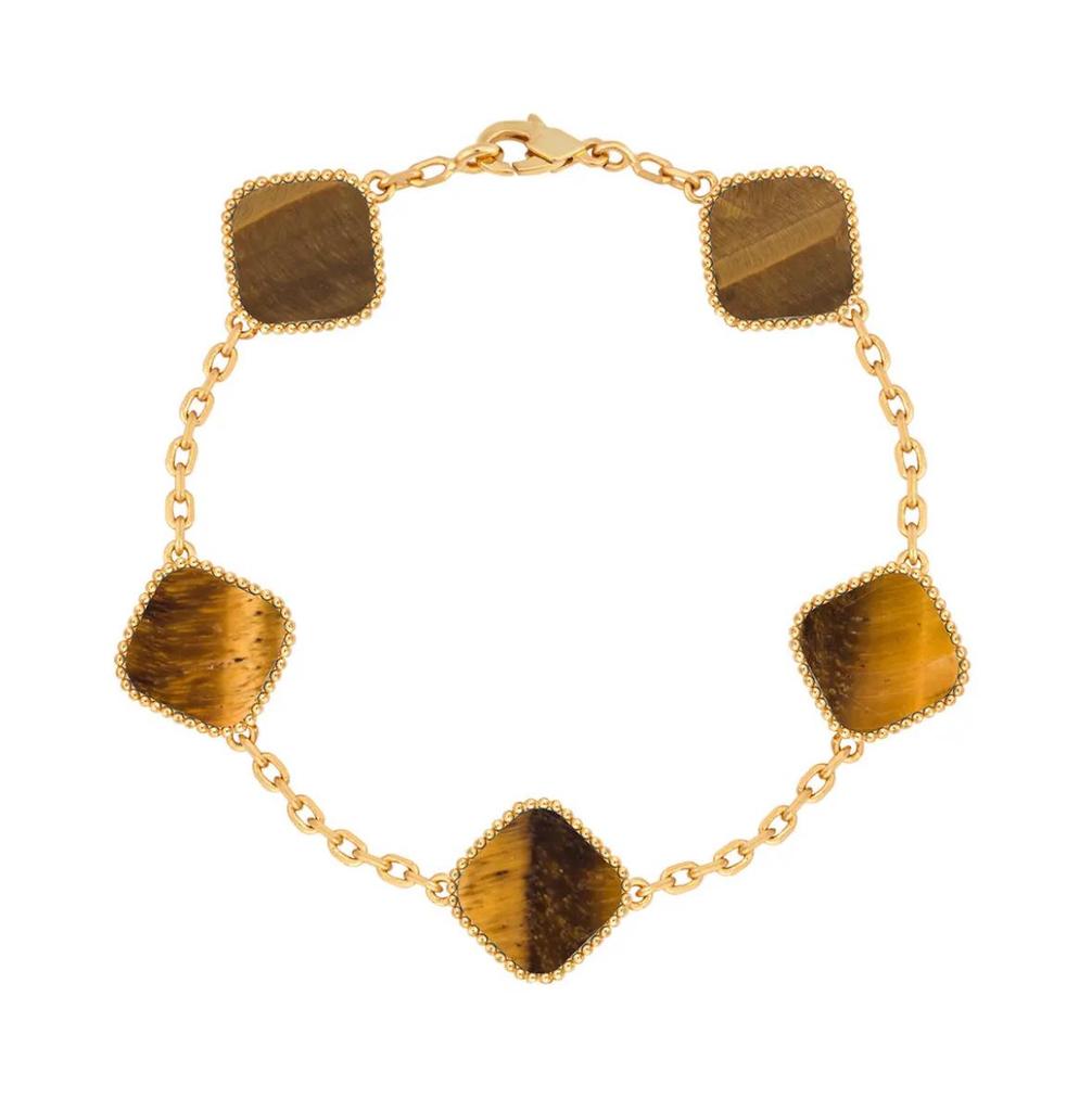 18K Gold V-Clover Bracelet with Red Agate & White Mother-of-Pearl