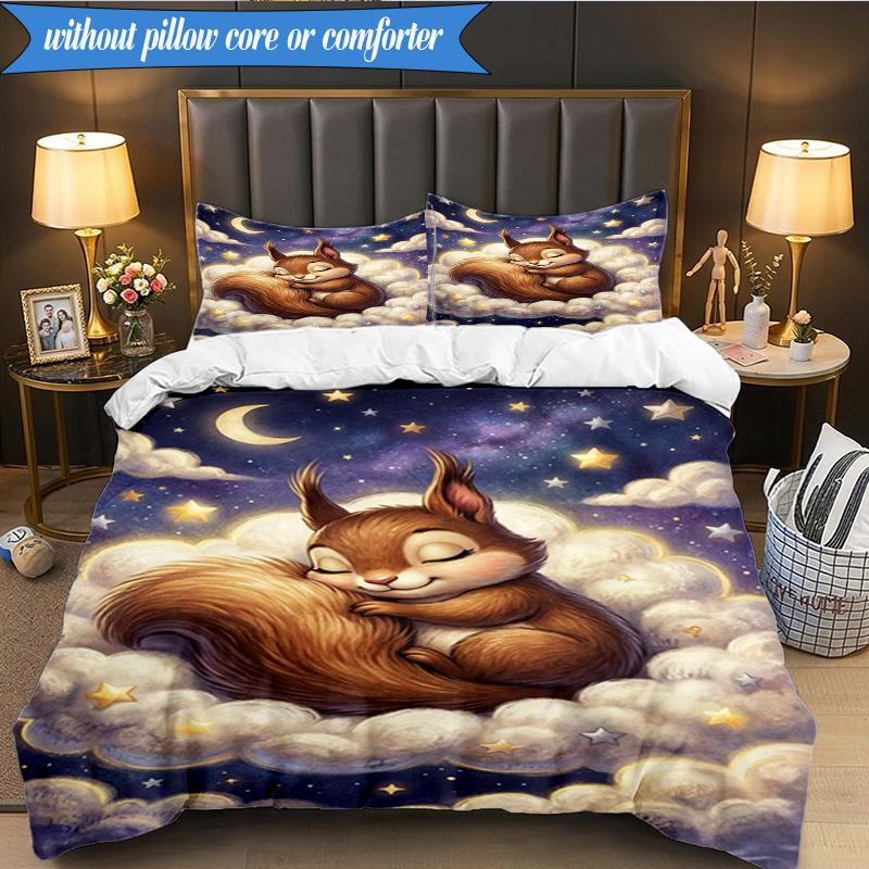 3PCS Squirrel Dreams Under Moonlight Bedding Set,Including 1pc Duvet Cover And 2pcs Pillowcases Perfect for Bedroom, Dormitory, Fan Christmas gift