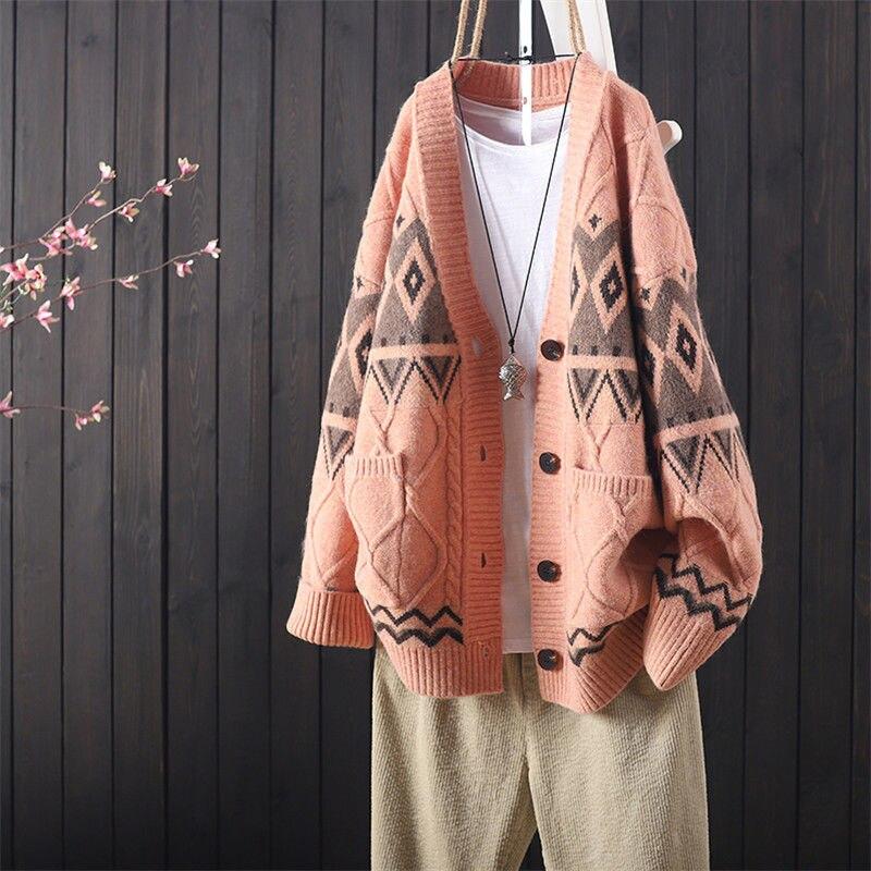 2021 Knitted Cardigan Sweater Retro Soft Top New Loose Casual Embroidery Buttoned Long-sleeved