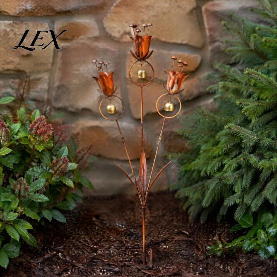 Weather Resistant Metal Art Flame Copper Lily Tulip Garden Stake with Wind Chime Bells, Rustic Weatherproof Outdoor Chimes Yard Decor for Lawn