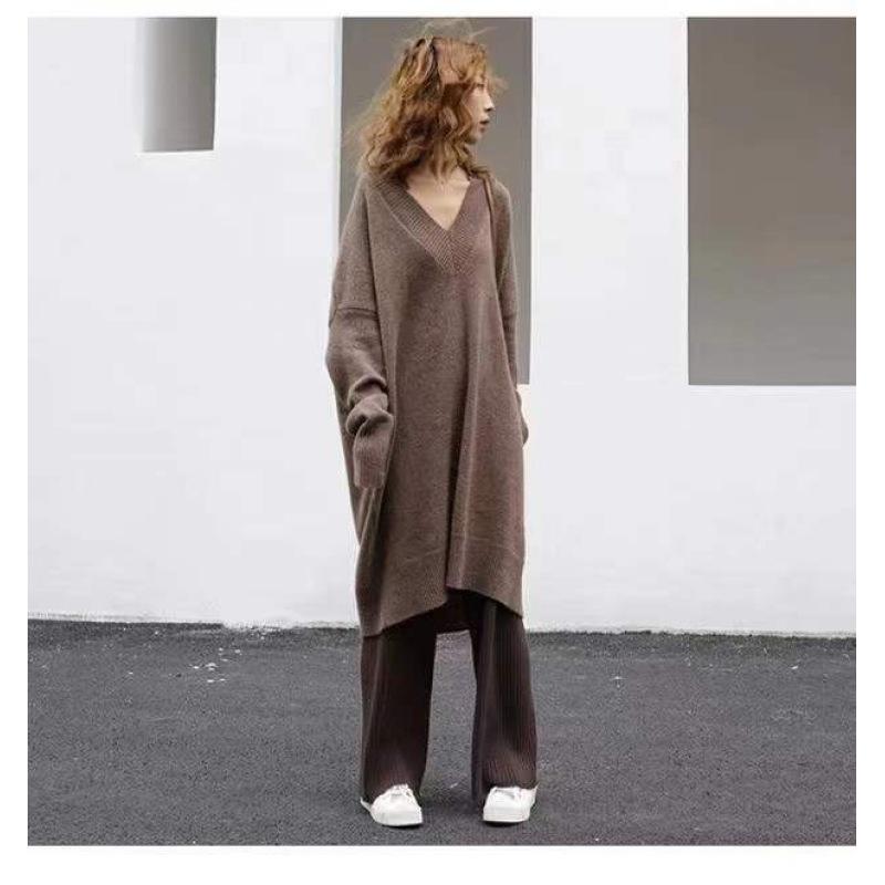 Tooxika Women's Autumn And Winter New Sweater V-neck Knitted Sweater Loose Large Size Solid Color Medium And Long Sweater For Women