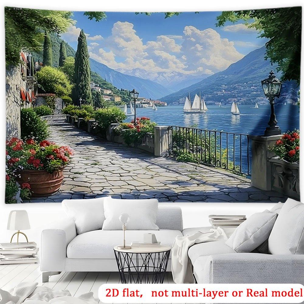 2D plane polyester landscape of the Como Lake sailing path suitable for both indoor and outdoor party photography background
