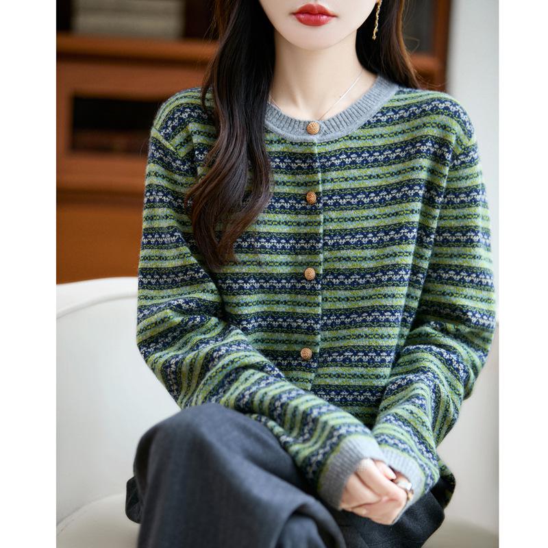 2025 Fall/Winter Women's Loose Knit Cardigan with Raccoon Fur Trim, Soft Color Block, Round Neck, Slimming Fit
