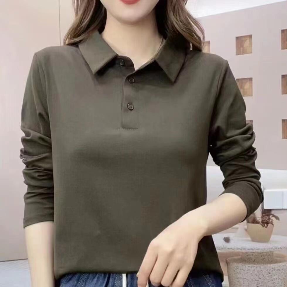 Лацкан Женская Модная Однотонная Новая Рубашка Поло с Длинным Рукавом G Для Матери Среднего Возраста Весенне-Осенняя Приталенная и Молодящая Рубашка