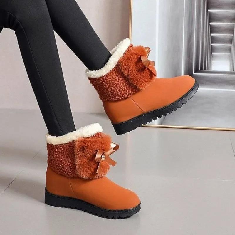 Женские зимние ботинки, ботильоны для женщин, элегантные, на среднем каблуке, ботильоны с лентами и бантом, коричневые, по акции, мода 2024, мех 39