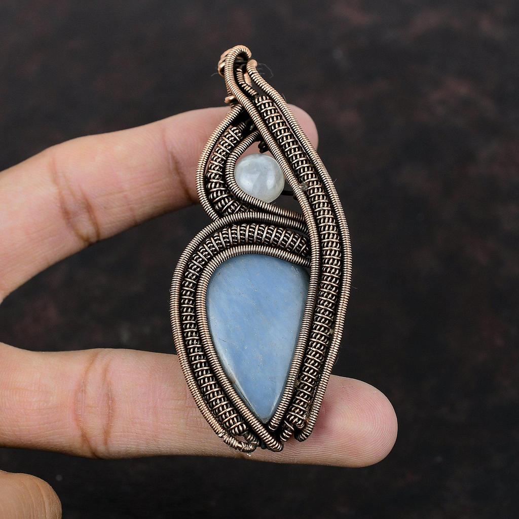 Подвеска Angelite, медная проволочная обернутая подвеска Rainbow Moonstone, ручная работа, ювелирное изделие Angelite, подвеска из драгоценного камня, подарок для него, проволочная бижутерия