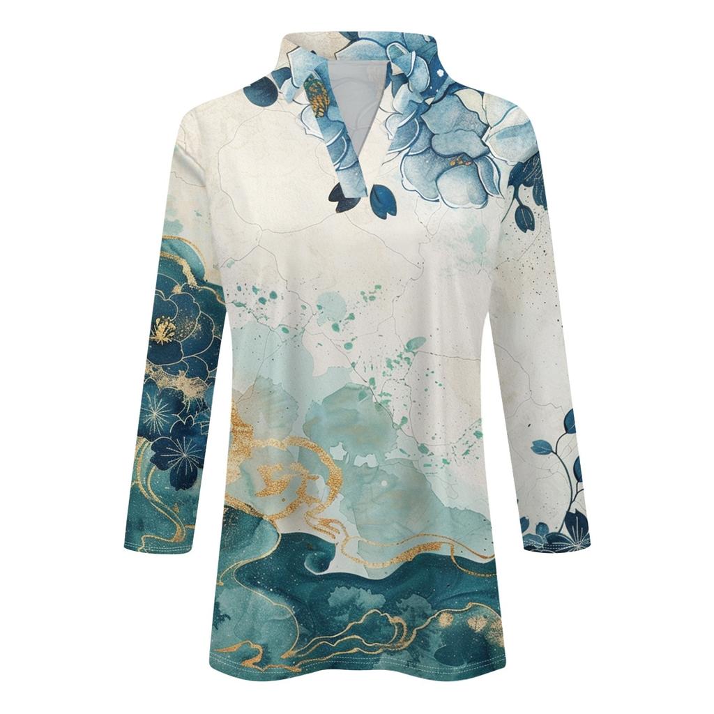 Женская летняя модная повседневная рубашка с v-образным вырезом и рукавами три четверти с принтом, топ