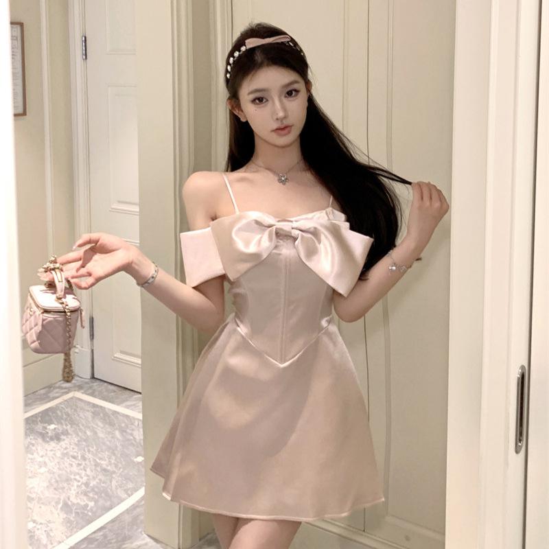 Женское высококлассное платье-комбинация на одно плечо с бантом в французском стиле - Летняя принцесса пышная юбка